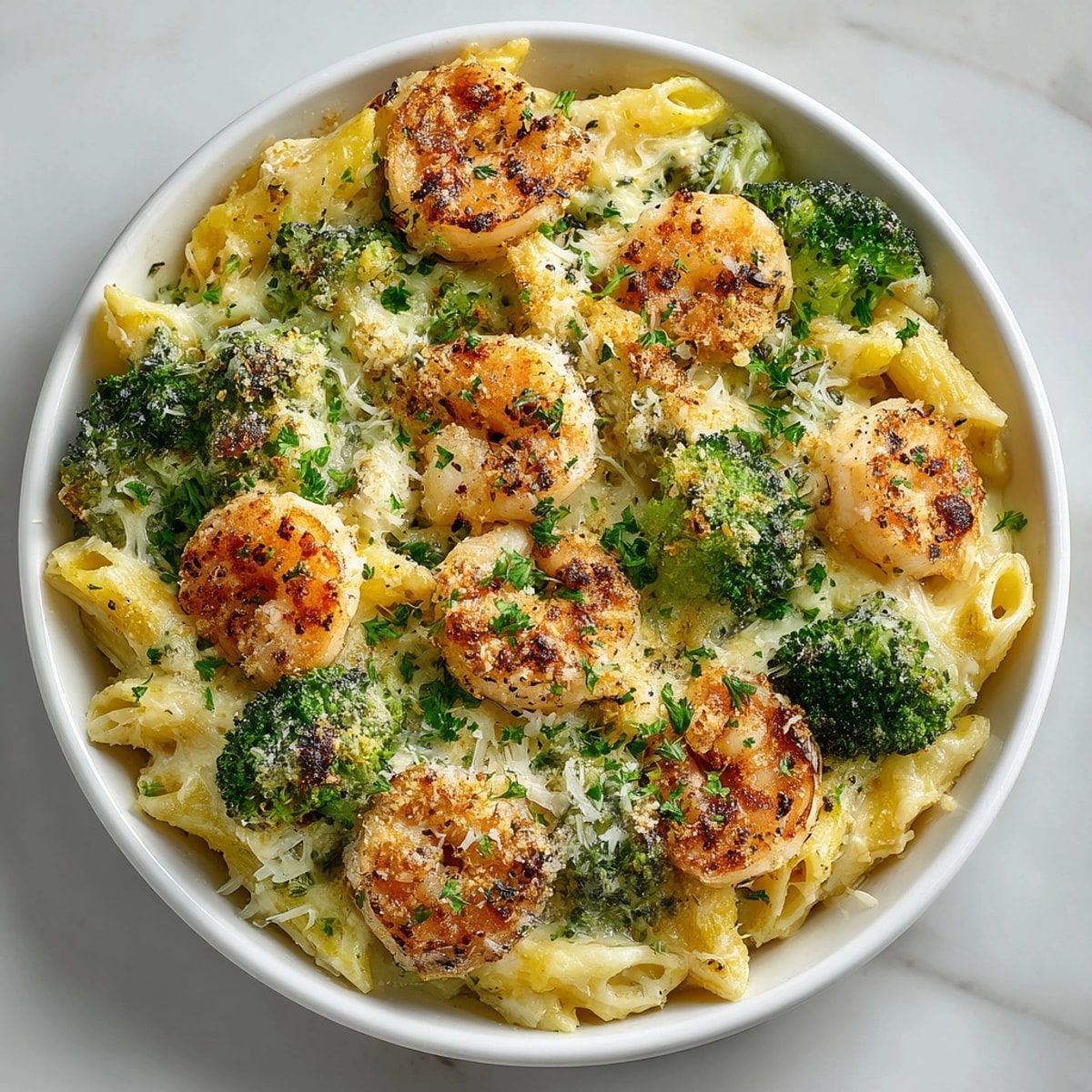 Cheesy Shrimp and Broccoli Alfredo Bake served hot from the oven for a comforting family meal.