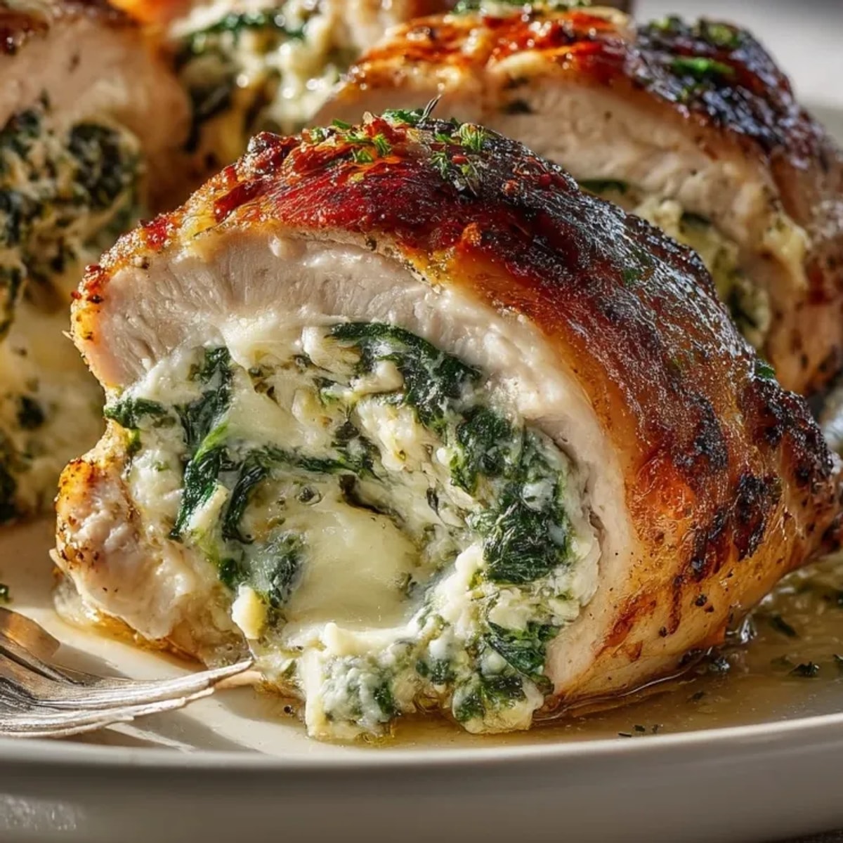 Freshly baked ricotta spinach stuffed chicken thighs topped with melted cheese in a casserole dish.