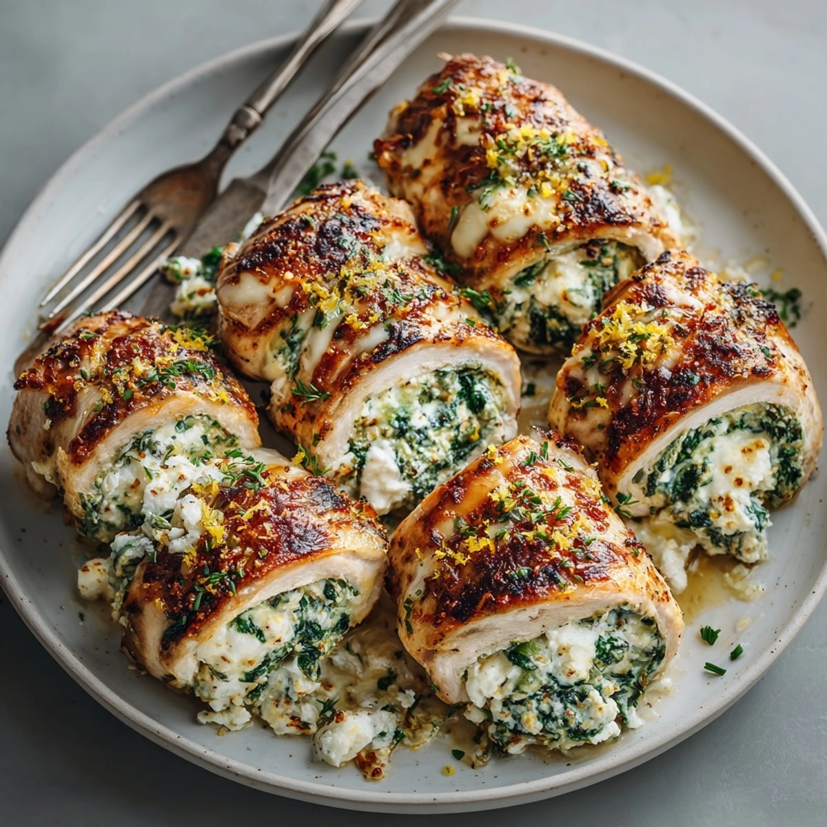 Ricotta spinach stuffed chicken thighs served hot, garnished with herbs and paired with roasted veggies.