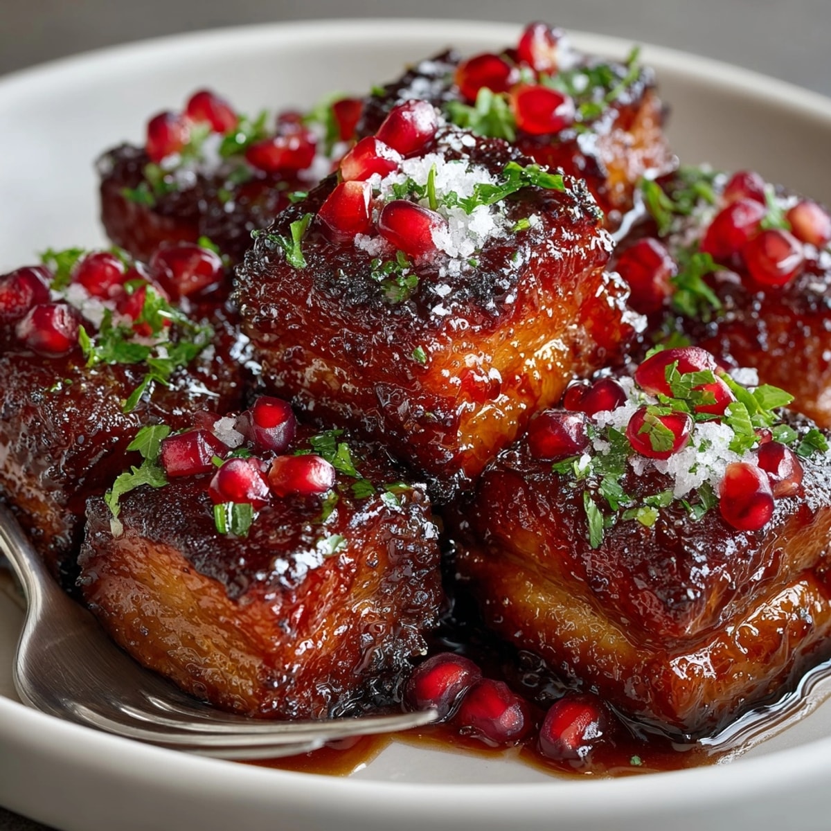 Pomegranate-Glazed Pork Belly Bites arranged on a platter, glistening with sticky glaze and fresh pomegranate seeds.
