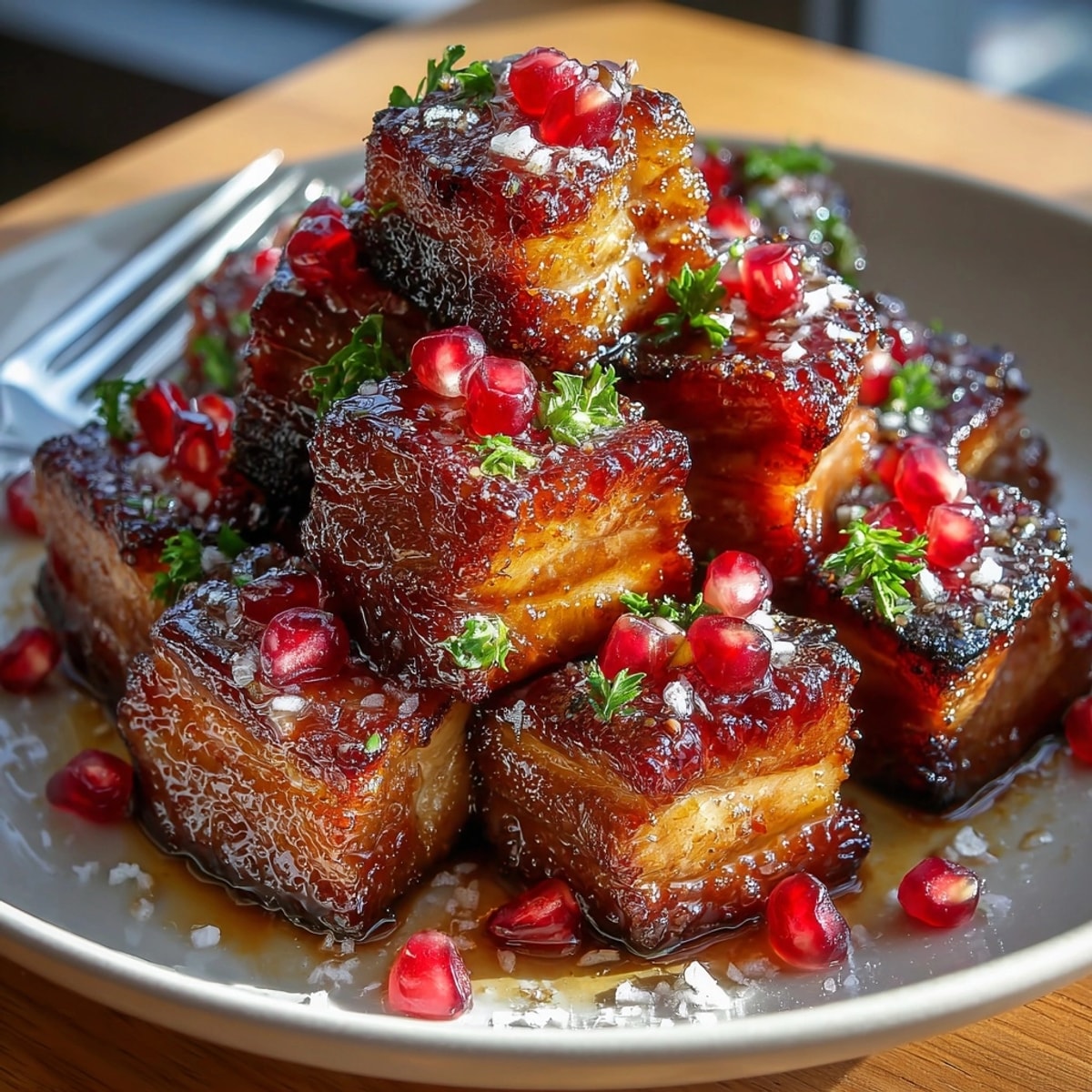 Caramelized Pomegranate-Glazed Pork Belly Bites served hot, garnished with parsley and flaky sea salt for a festive appetizer.