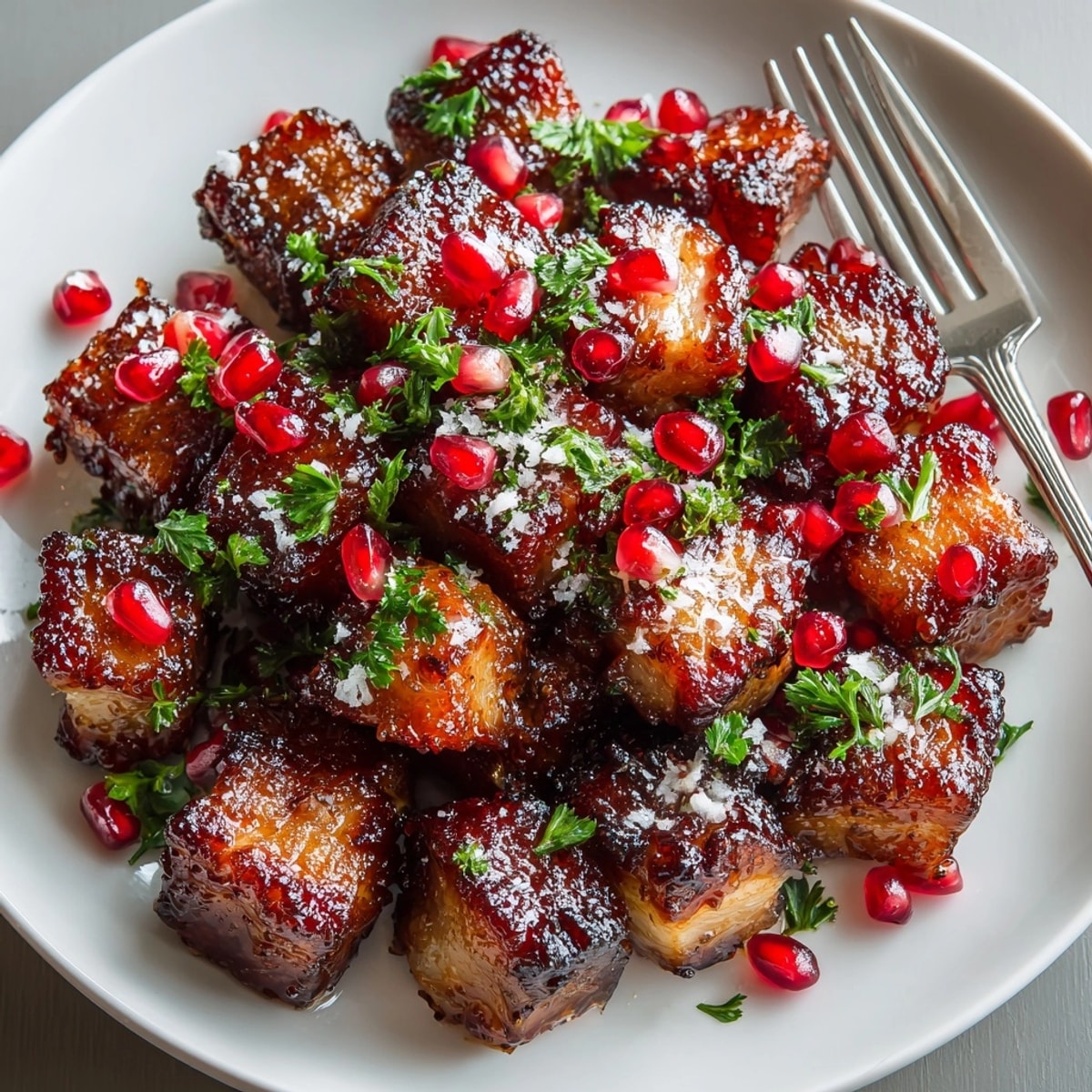 Juicy, tender Pomegranate-Glazed Pork Belly Bites showcased as crispy, sweet-savory finger food for holiday gatherings.