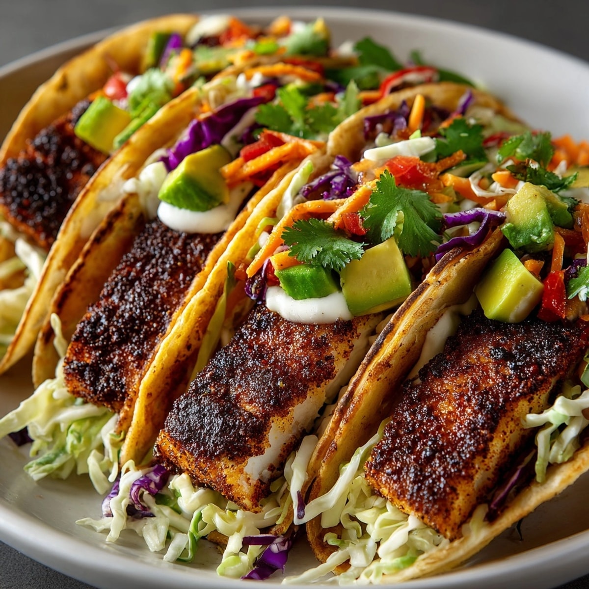 Cajun Blackened Fish Tacos with Avocado Slaw nestled in warm tortillas with fresh cilantro.