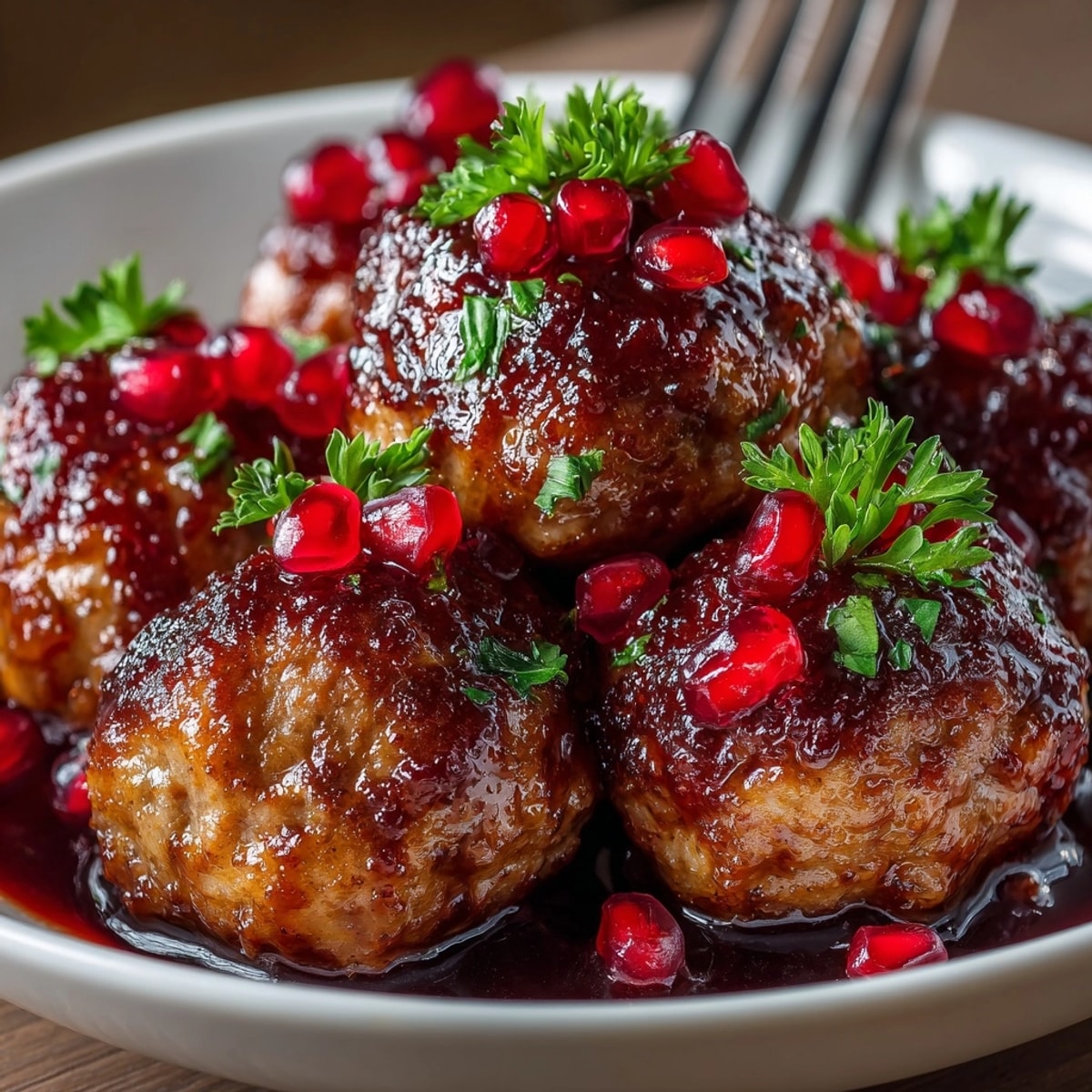 Pomegranate Glazed Turkey Meatballs arranged on a platter with vibrant pomegranate arils and fresh parsley garnish.