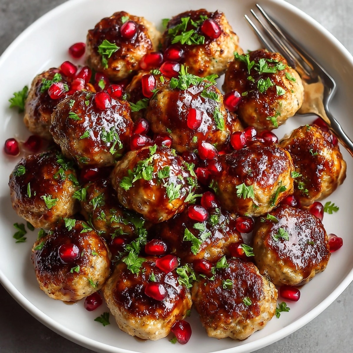 Savory turkey meatballs with pomegranate glaze, ideal as a festive appetizer or main dish.