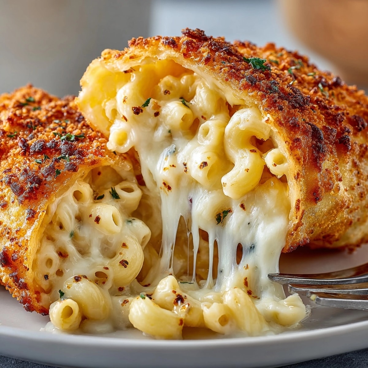 Golden Mac and Cheese Spring Rolls with gooey cheese filling, perfect for party appetizers.