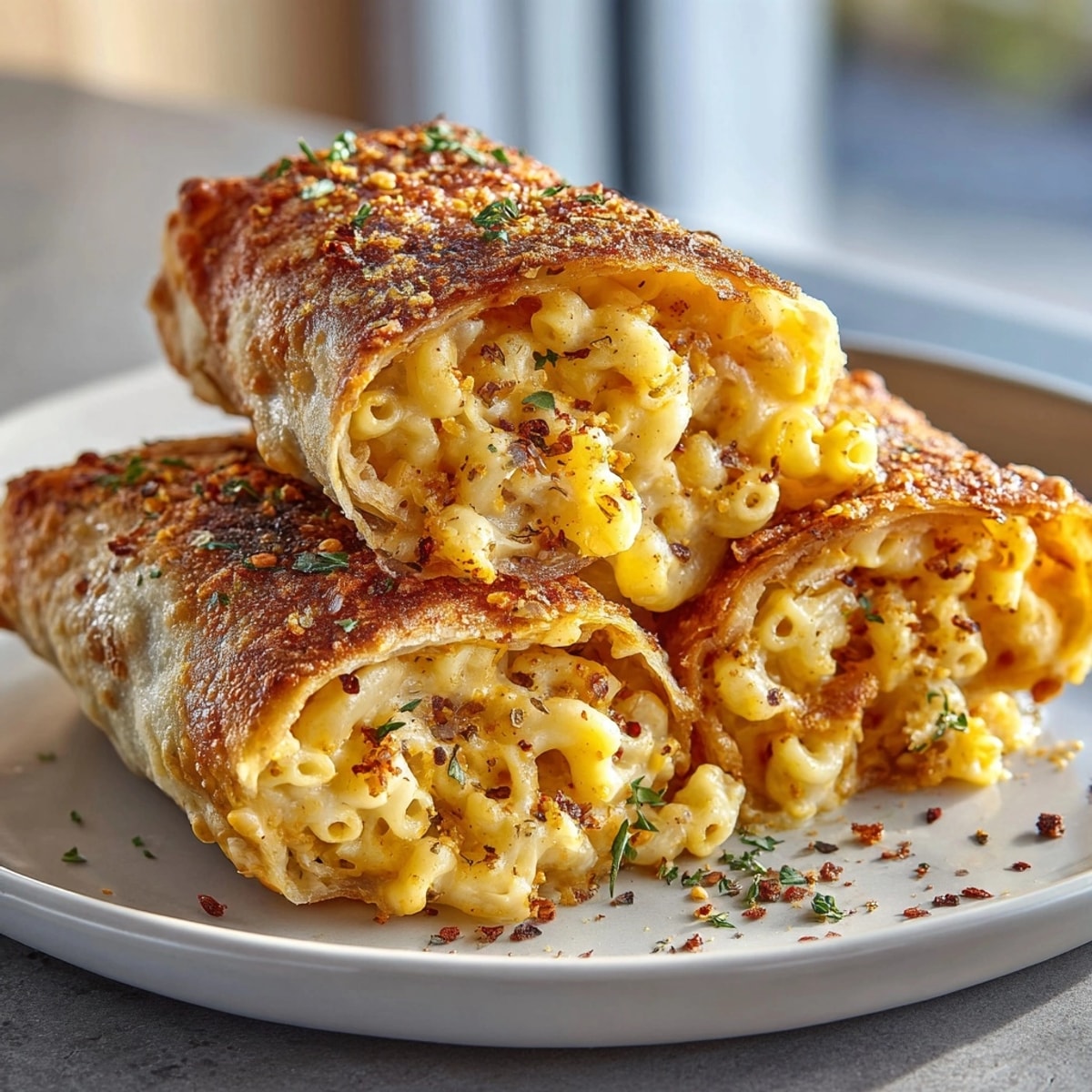 Crispy Mac and Cheese Spring Rolls stacked on a platter, ready for dipping and sharing.