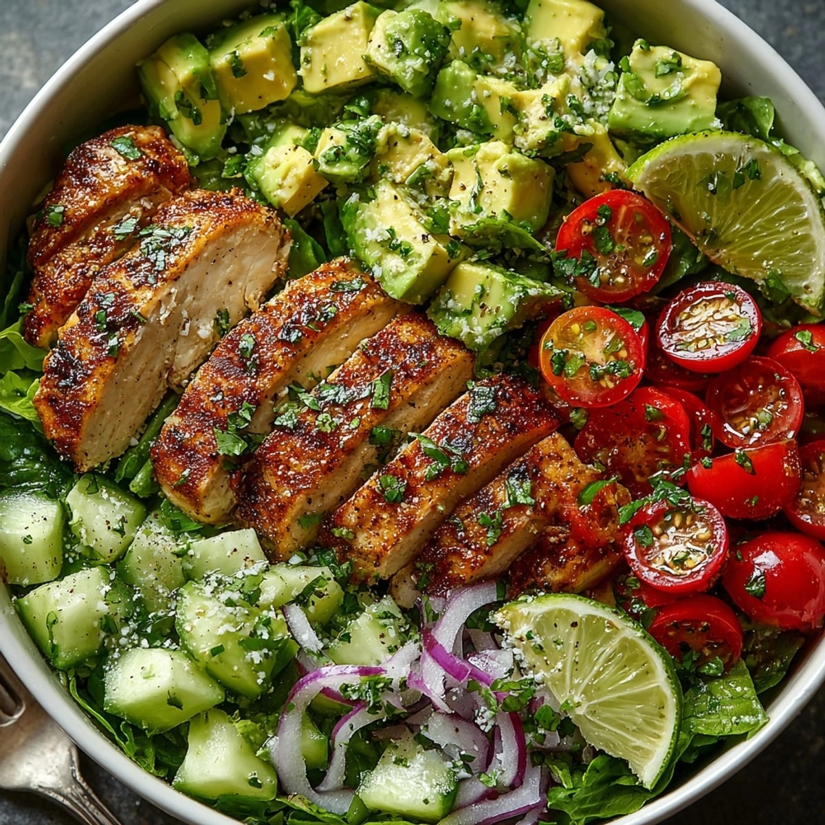 Avocado Lime Chicken Salad with grilled chicken slices, creamy avocado, and fresh mixed greens tossed in zesty lime dressing.