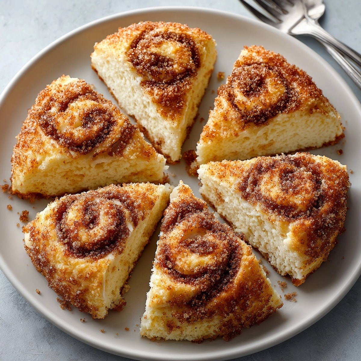 Warm cinnamon sugar scones arranged on a plate, showing flaky layers and buttery texture.