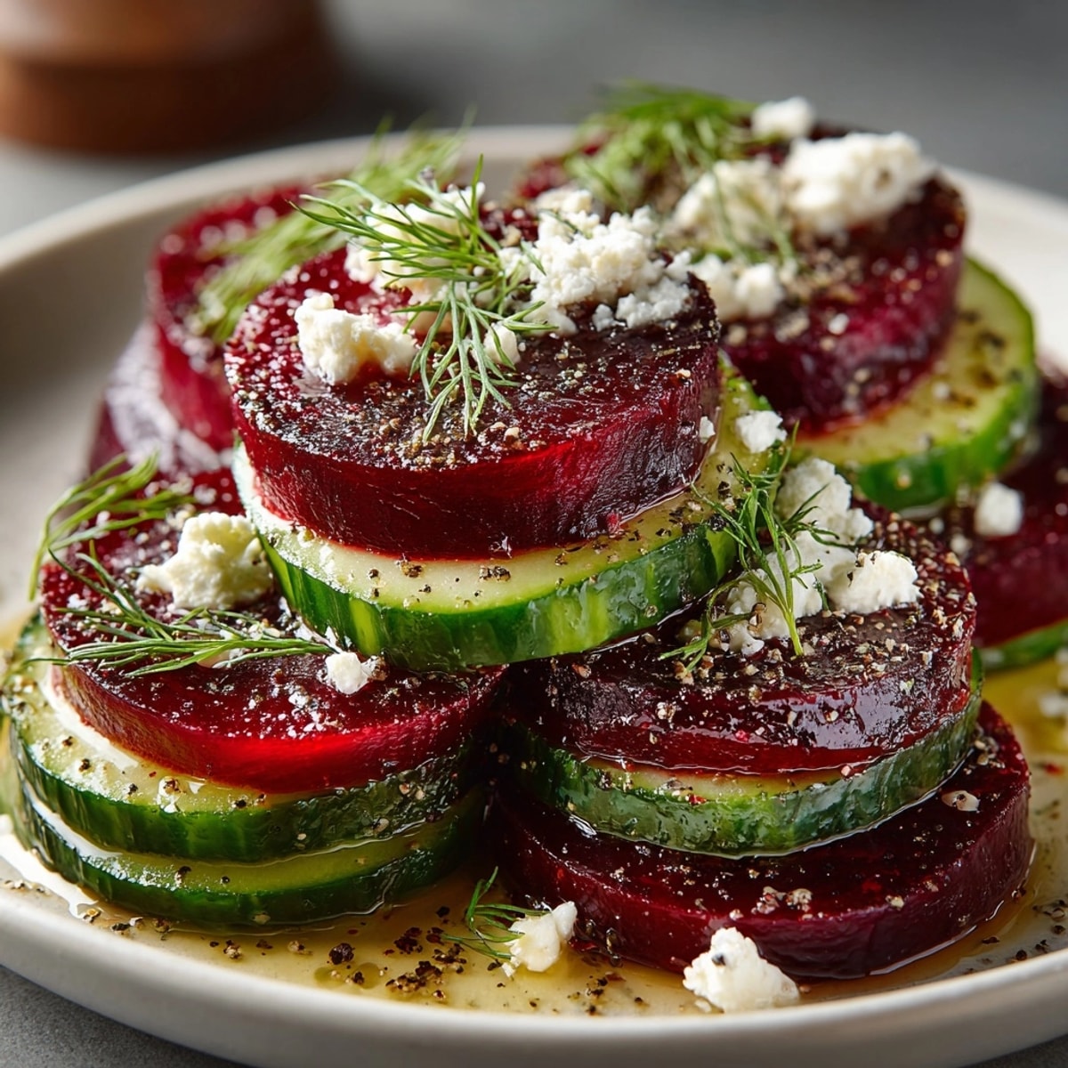 Beet Salad with Feta, Cucumbers, and Dill in a vibrant bowl, dressed and ready to serve.