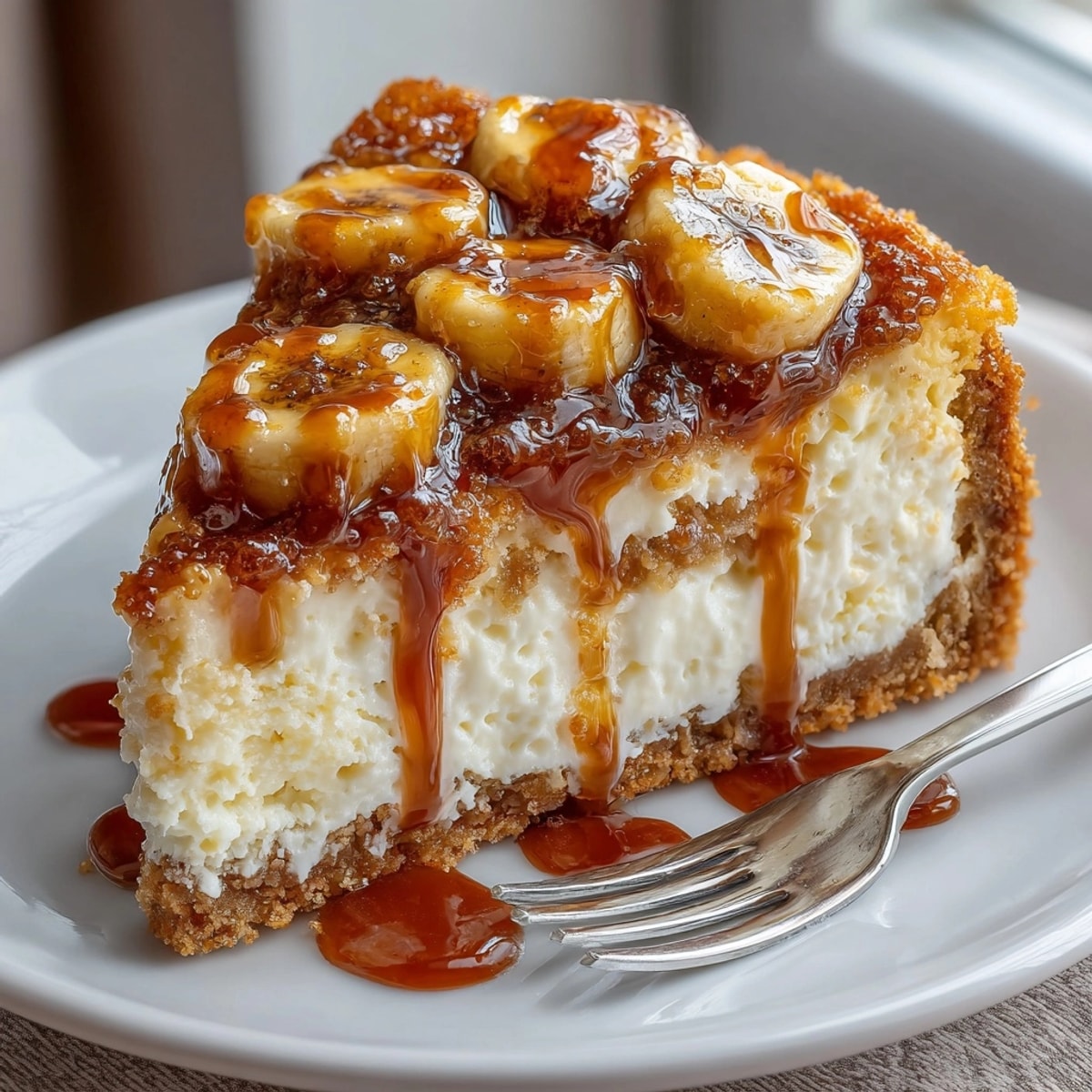 Caramelized Banana Cheesecake with Rum Glaze topped with glossy caramelized bananas and drizzled golden sauce