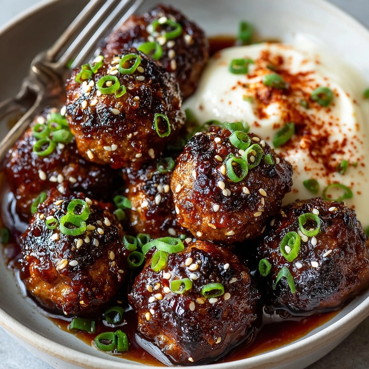 Korean BBQ Meatballs with Spicy Mayo Dip served on a platter, garnished with sesame seeds.