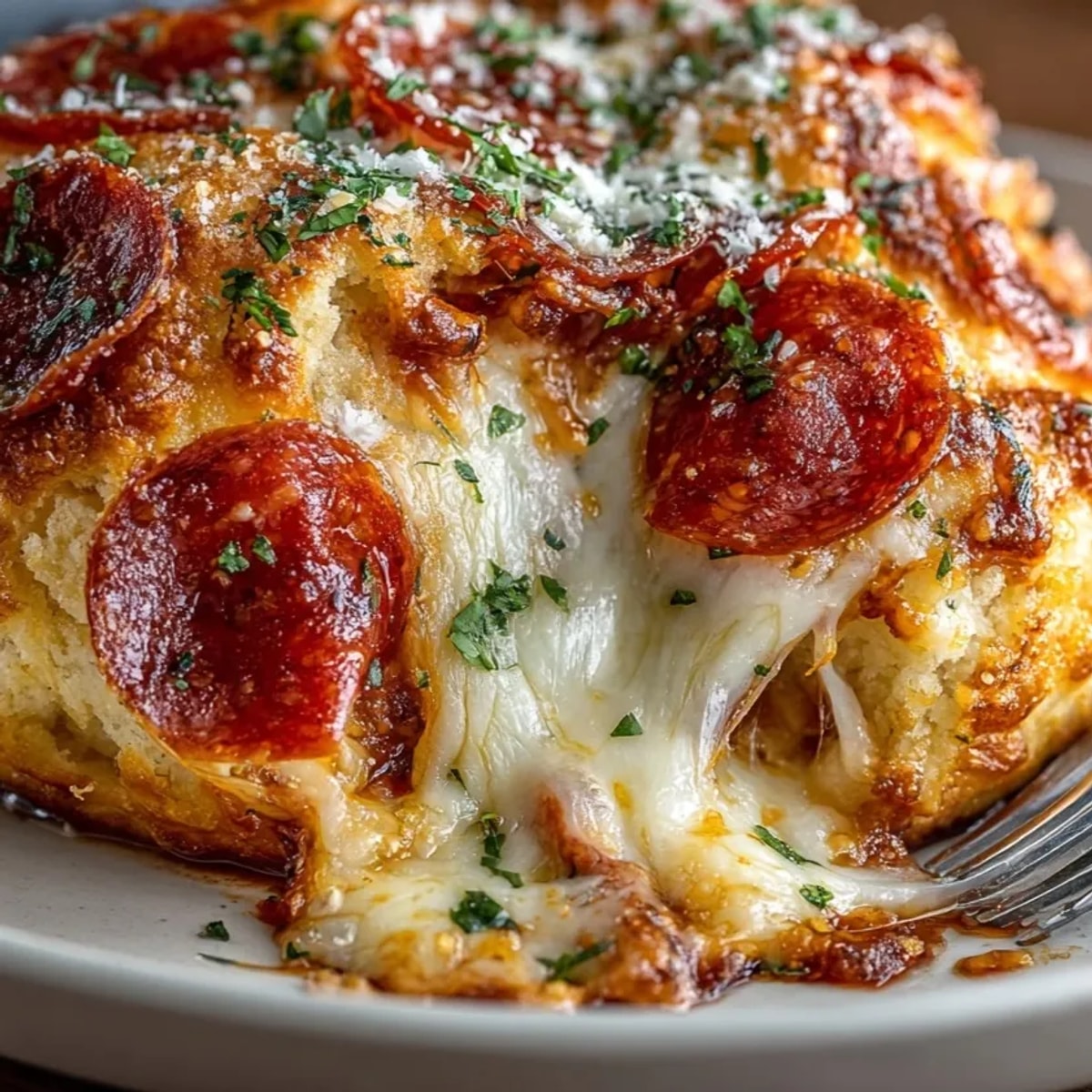 Cheesy Pepperoni Pizza Bombs fresh from the oven, golden and oozing mozzarella cheese.