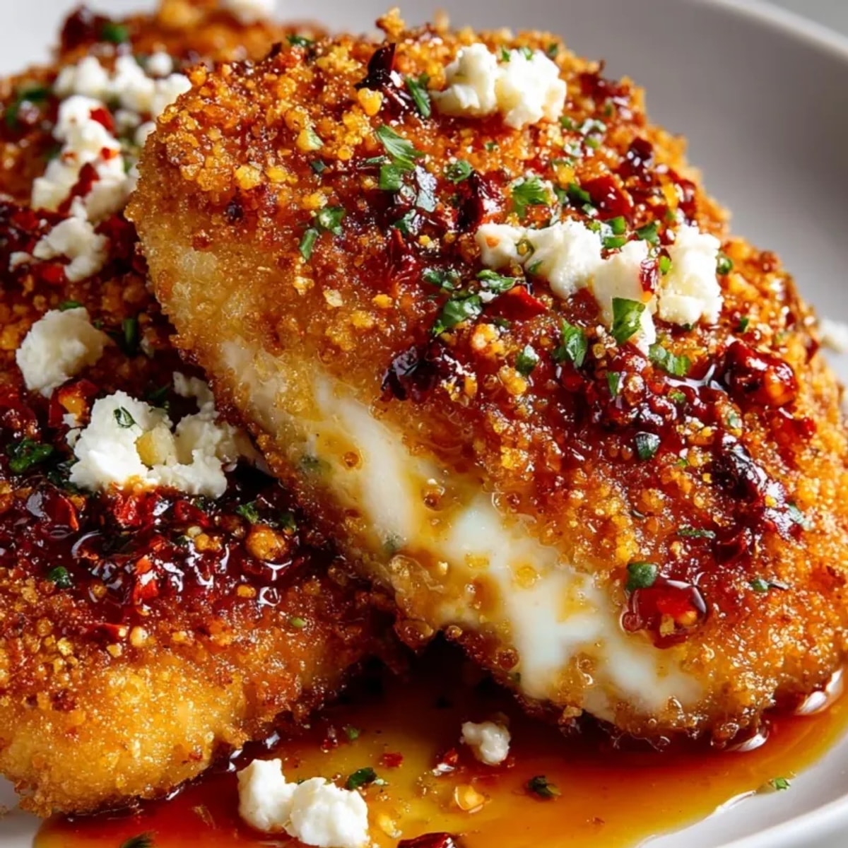 Crispy Hot Honey Feta Chicken topped with sticky honey glaze, golden and sizzling on a plate.