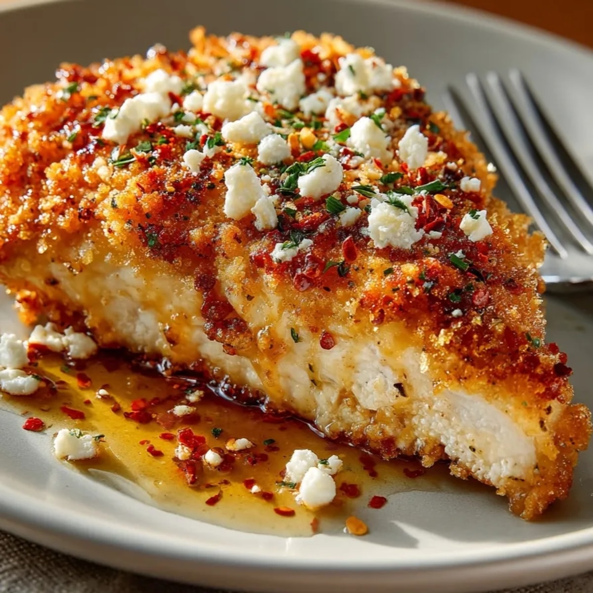 Juicy Crispy Hot Honey Feta Chicken served fresh from the oven, melted feta oozing inside.
