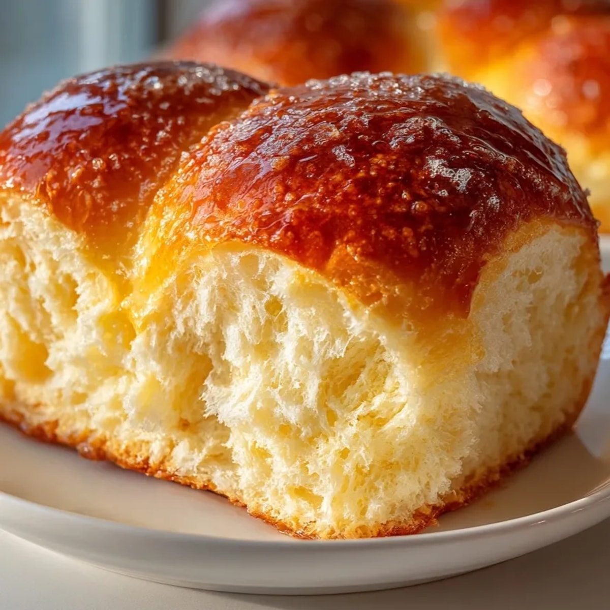 Freshly baked easy sweet condensed milk bread loaf, golden brown and brushed with buttery glaze