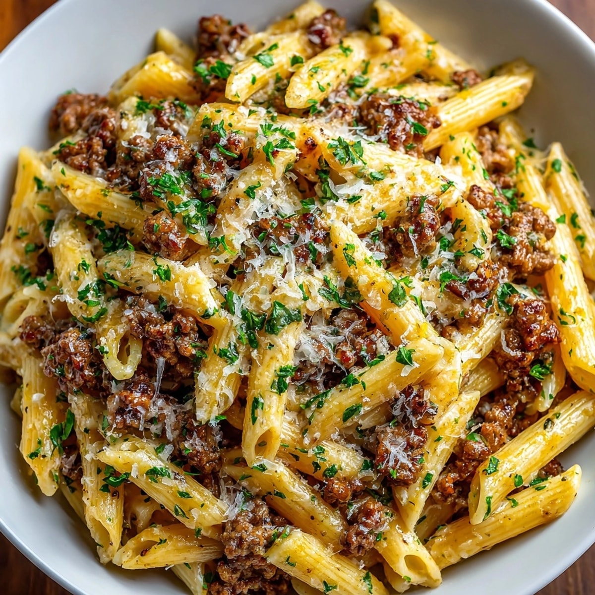 One-pot creamy beef and garlic butter pasta served hot in a cozy weeknight setting.