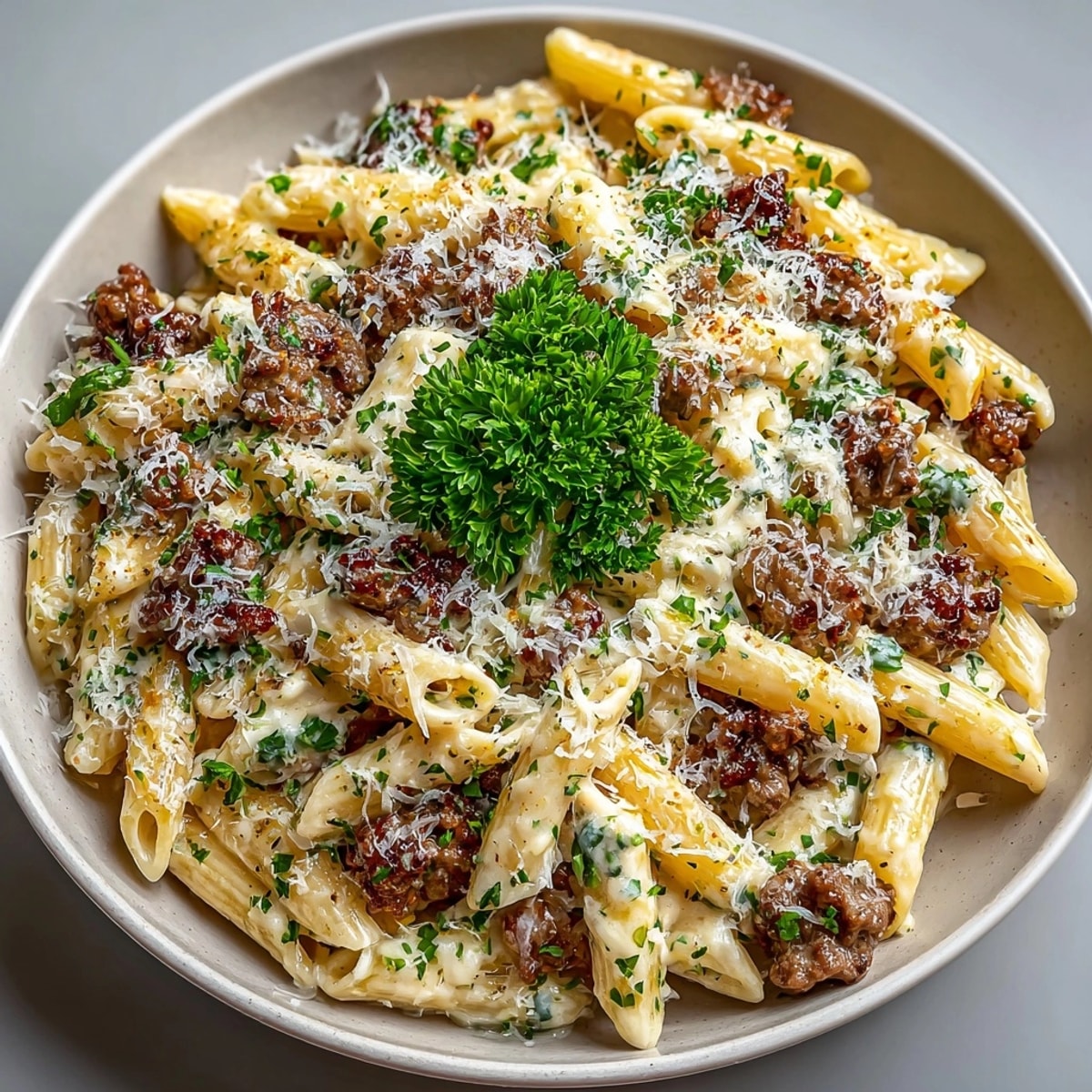 Close-up of creamy beef and garlic butter pasta topped with fresh parsley and parmesan.