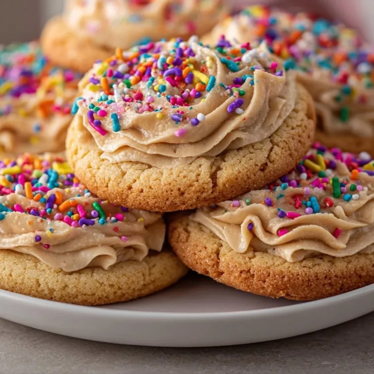 Close-up of homemade Peanut Butter Frosted Sugar Cookies, ready to be served as dessert.