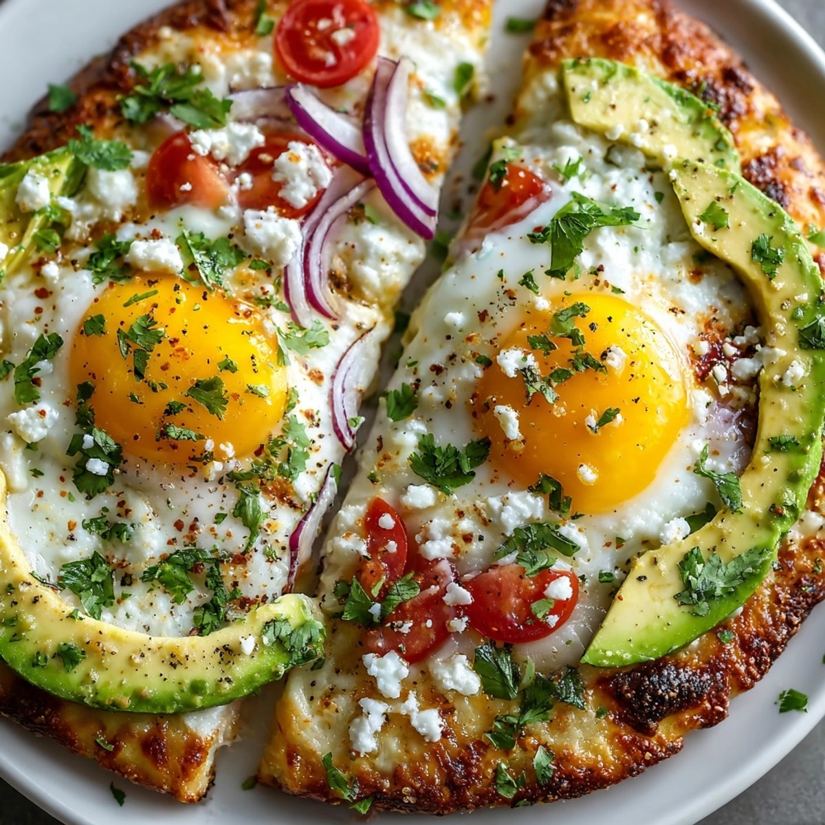 Close-up of a freshly baked Avocado Egg Pizza, topped with creamy avocado.