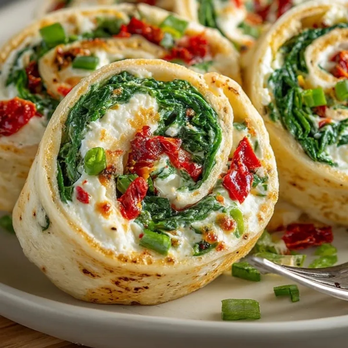 Creamy Ricotta Spinach Pinwheel Wraps: Swirls of green and white in soft tortilla slices.