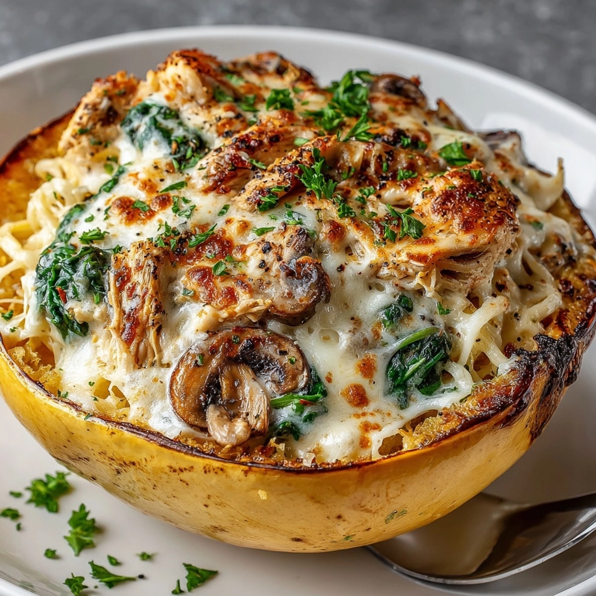 Creamy Alfredo Stuffed Spaghetti Squash, golden mozzarella bubbling, garnished with fresh, vibrant parsley.