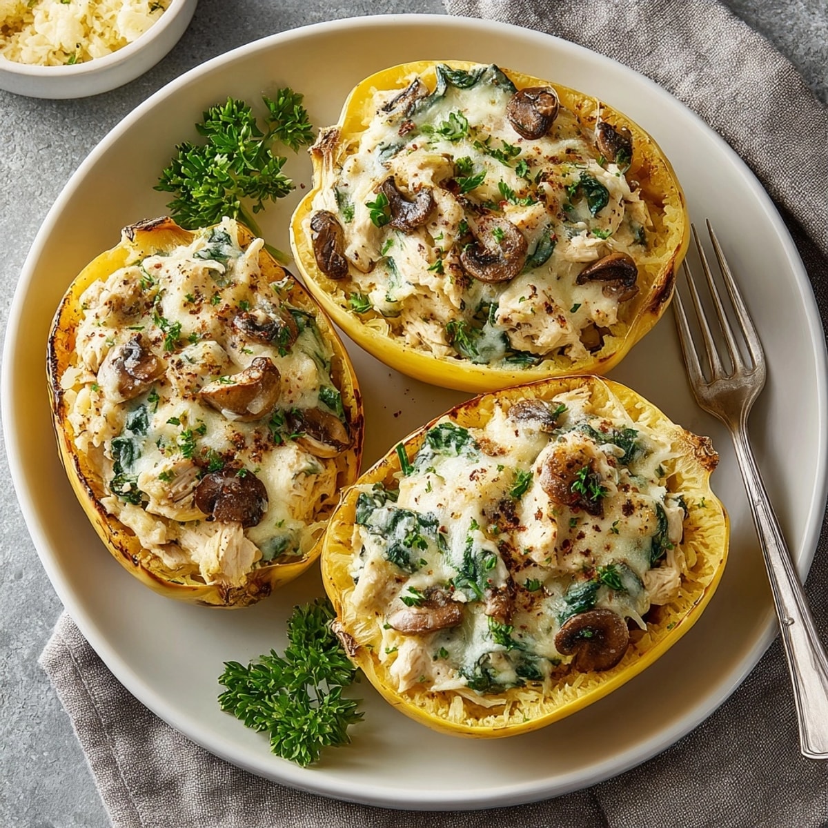 Rich Alfredo Stuffed Spaghetti Squash: a cozy and filling healthy dinner, ready to serve.