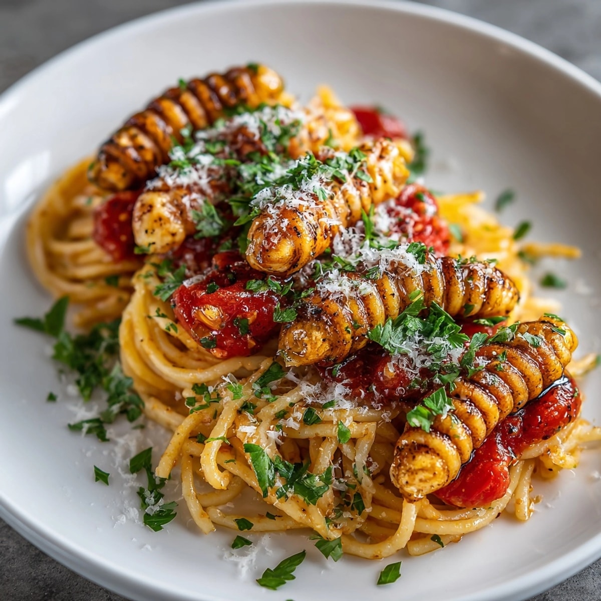 Boiled Hot Dog "Worms" nestled in spaghetti; a spooky, savory bite for Halloween.