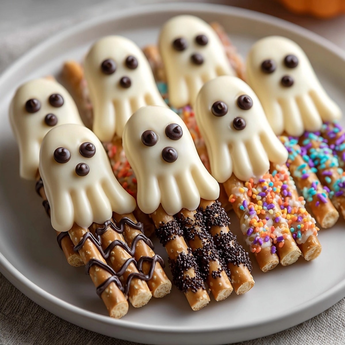 Crunchy White Chocolate Ghost Pretzels lined up on parchment, ready for spooky Halloween fun.