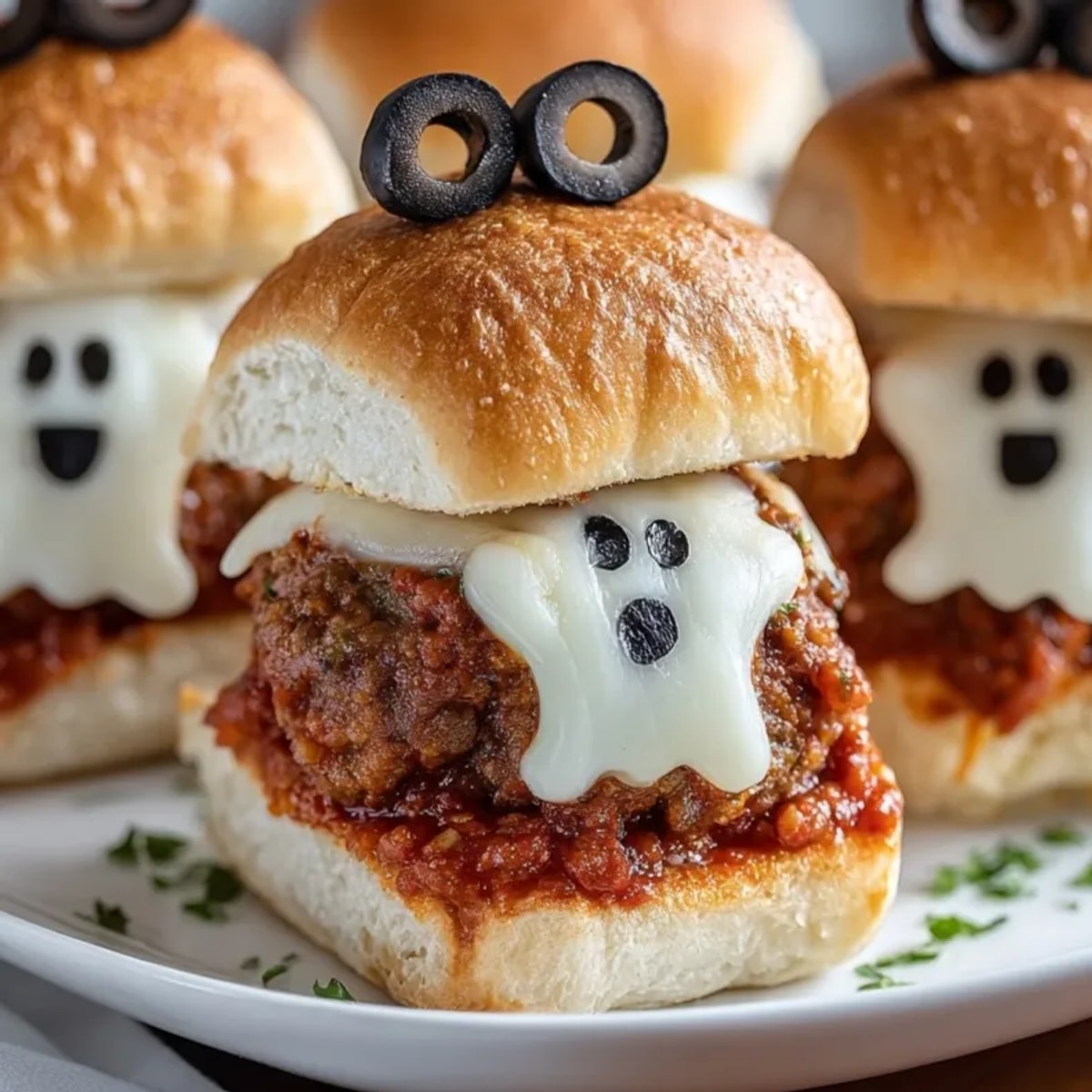Close-up of spooky, delicious Haunted Meatball Sliders with eerie olive eyes; ready to serve.