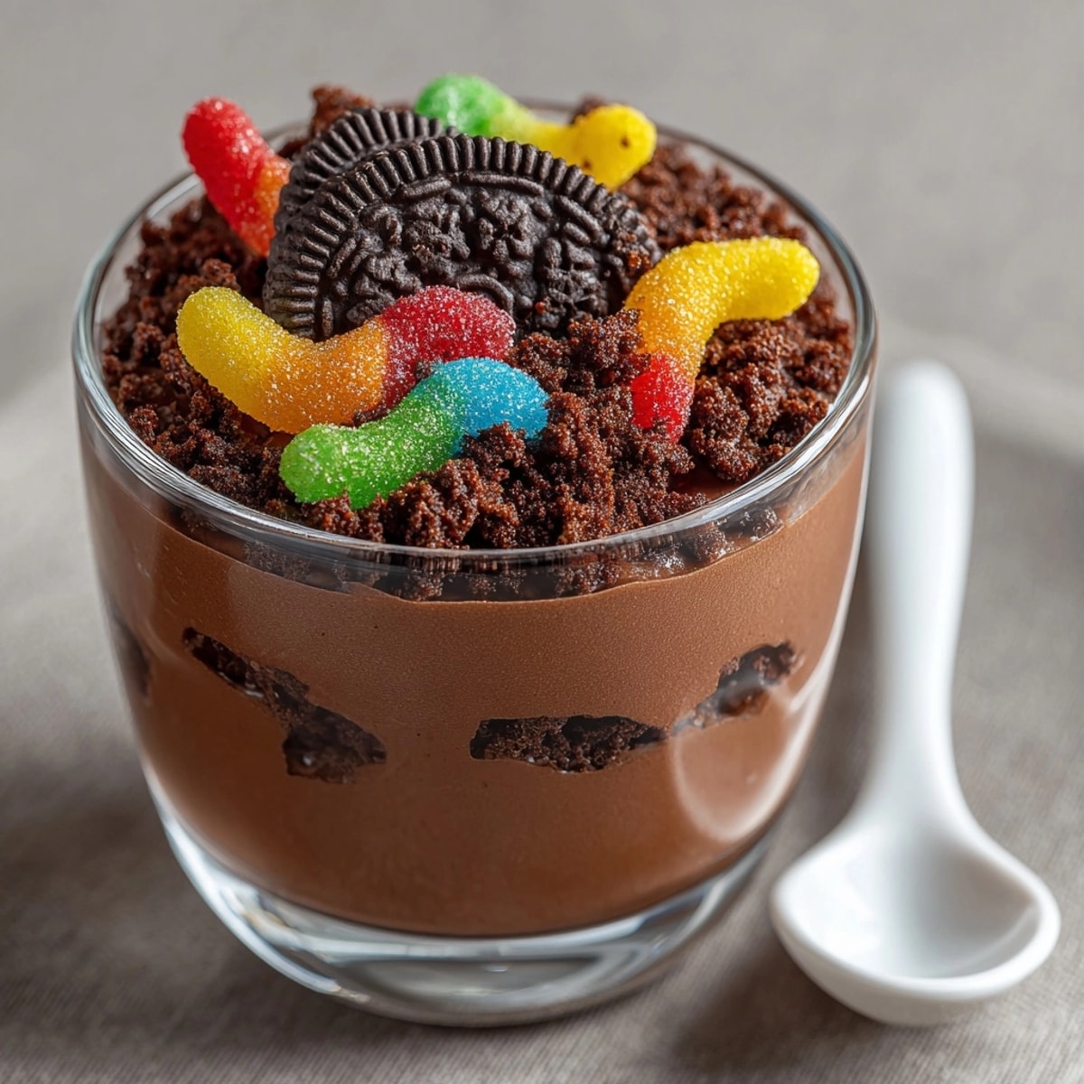 Rich Midnight Chocolate Dirt Pudding, topped with cookie crumbs and gummy worms.