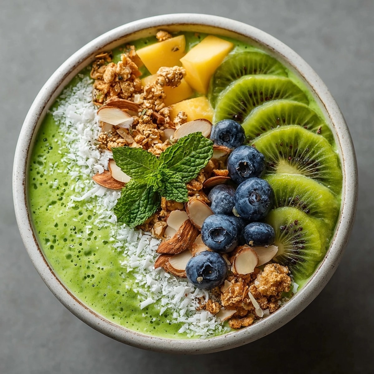 Close-up of a Green Monster Smoothie Bowl topped with vibrant kiwi, berries, granola.
