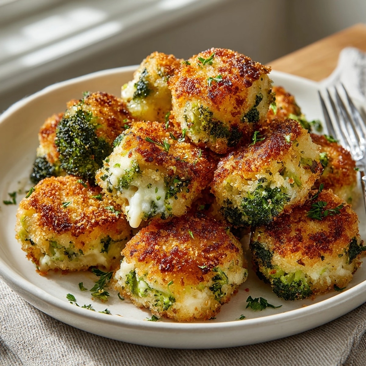 Crispy baked Cheesy Broccoli Tots, golden brown on a parchment-lined baking sheet.