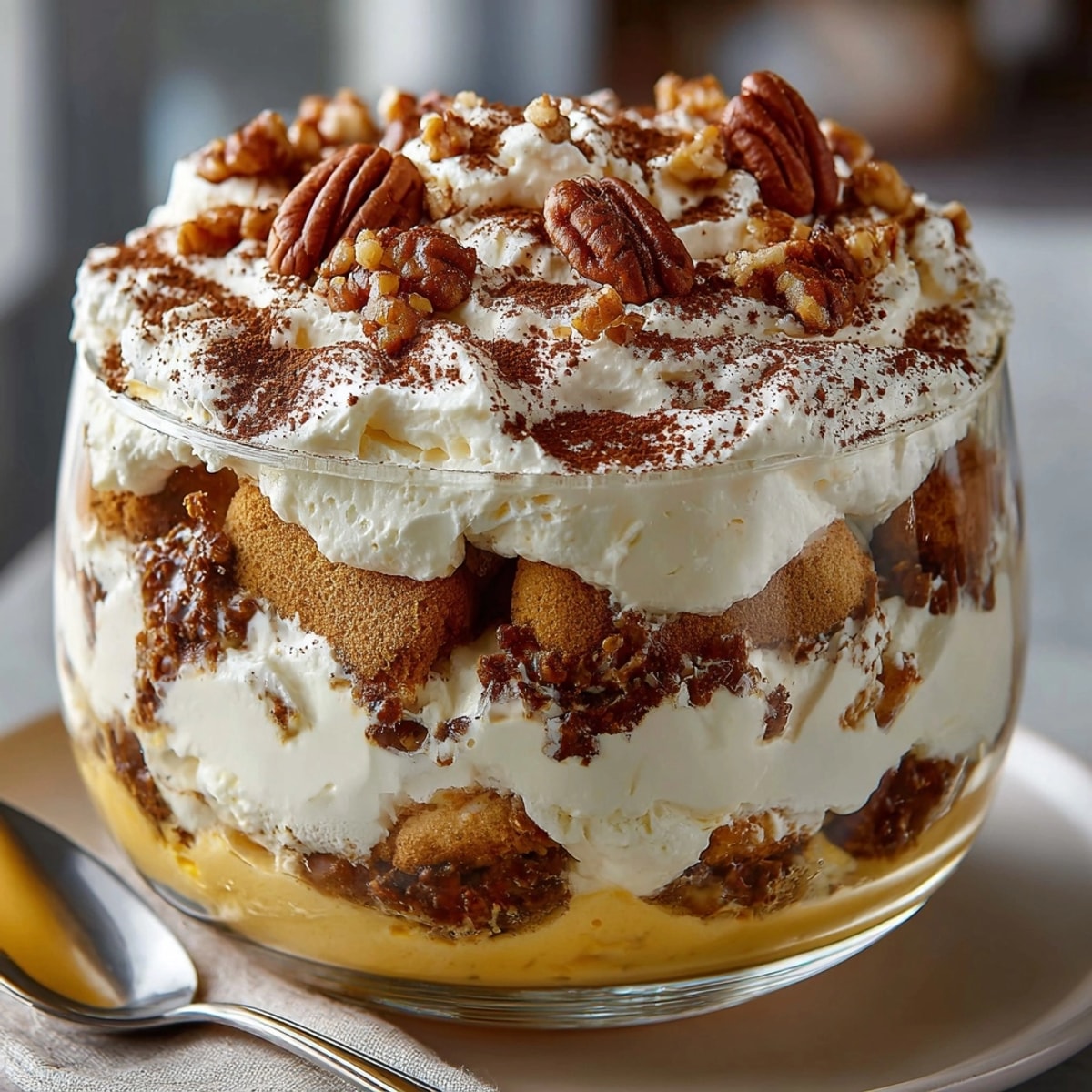 Top down view of a layered Pumpkin Spice Tiramisu Trifle dusted with cocoa.