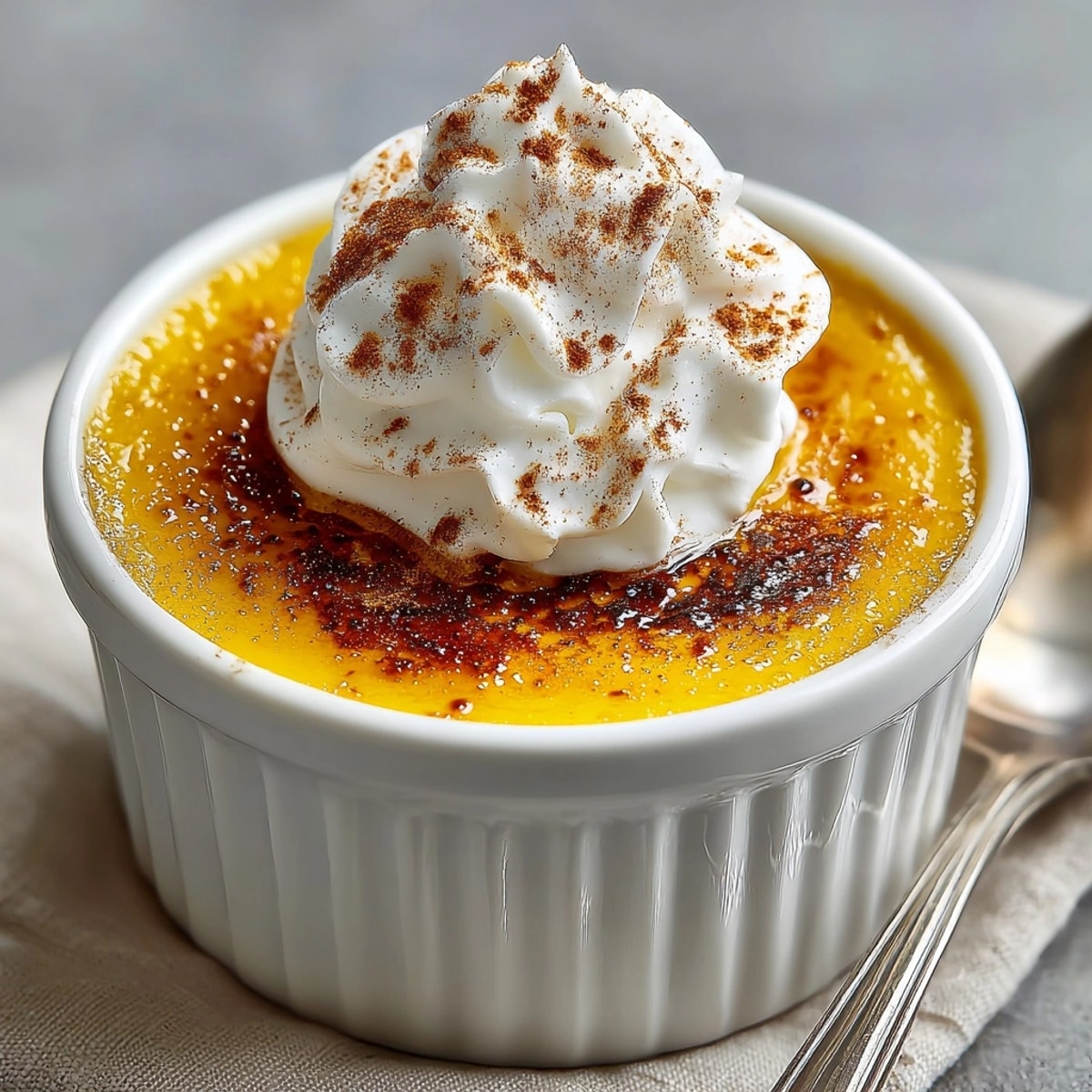 Maple Pumpkin Custard Cups: Silky smooth texture, warm spices, and drizzled maple syrup.