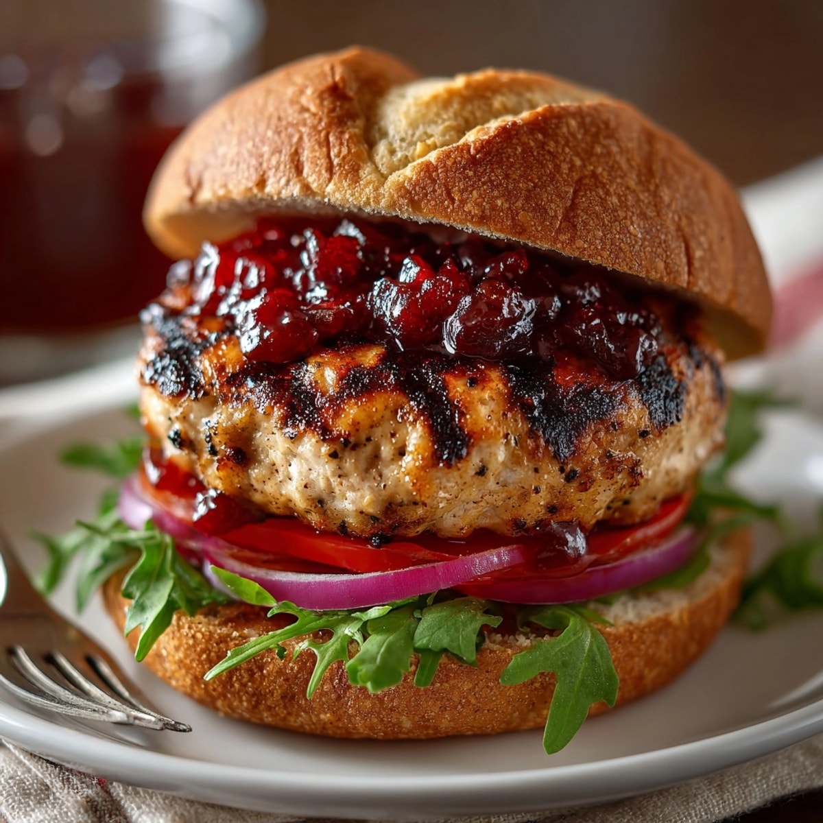 Grilled Turkey Burgers with Cranberry BBQ Sauce, a sweet & smoky summertime treat.
