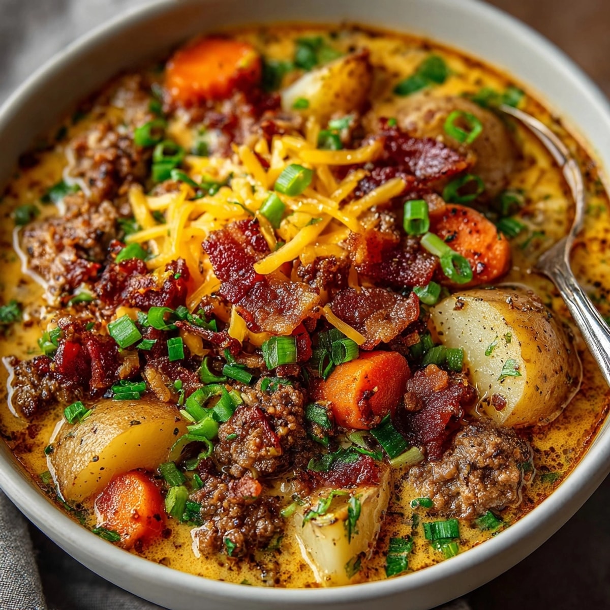 Creamy bacon cheeseburger soup bubbling in a pot, garnished with crispy bacon and green onions.