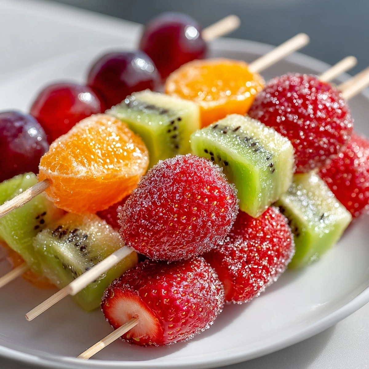 Close-up of vibrant Tanghulu fruit skewers, glistening with hard crack sugar coating, ready to serve.