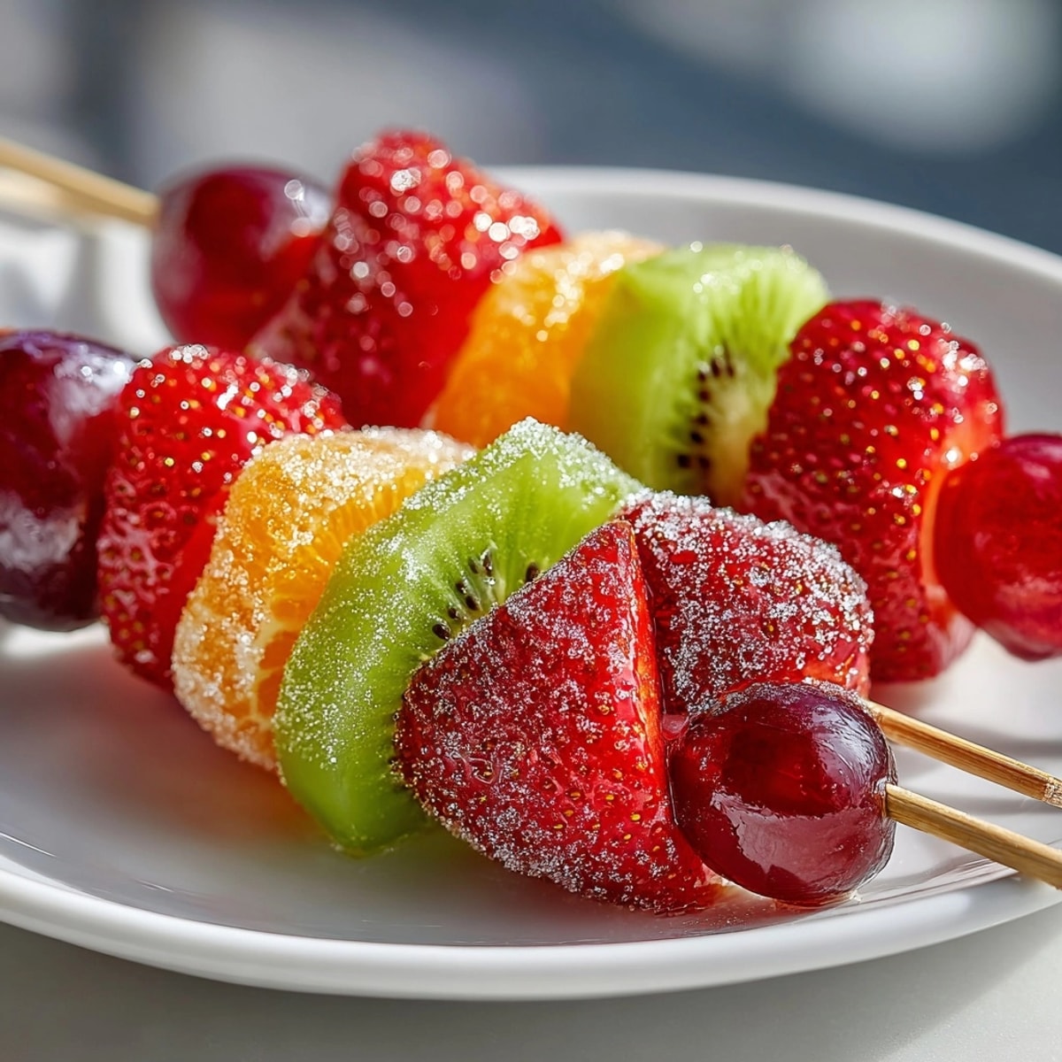 Shiny Tanghulu fruit skewers arranged on parchment paper after dipping, cooling for a crunchy snack.