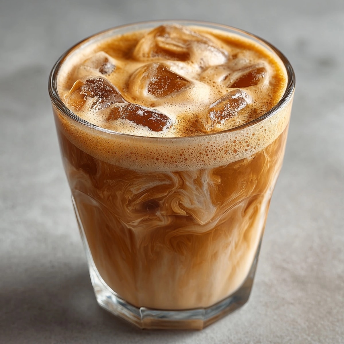 Frothy Protein Coffee in a clear glass, showing its invigorating, creamy texture.
