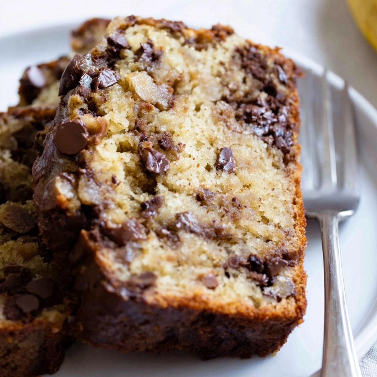 Slices of moist Chocolate Chip Banana Bread cooling on a wire rack, golden brown crust.