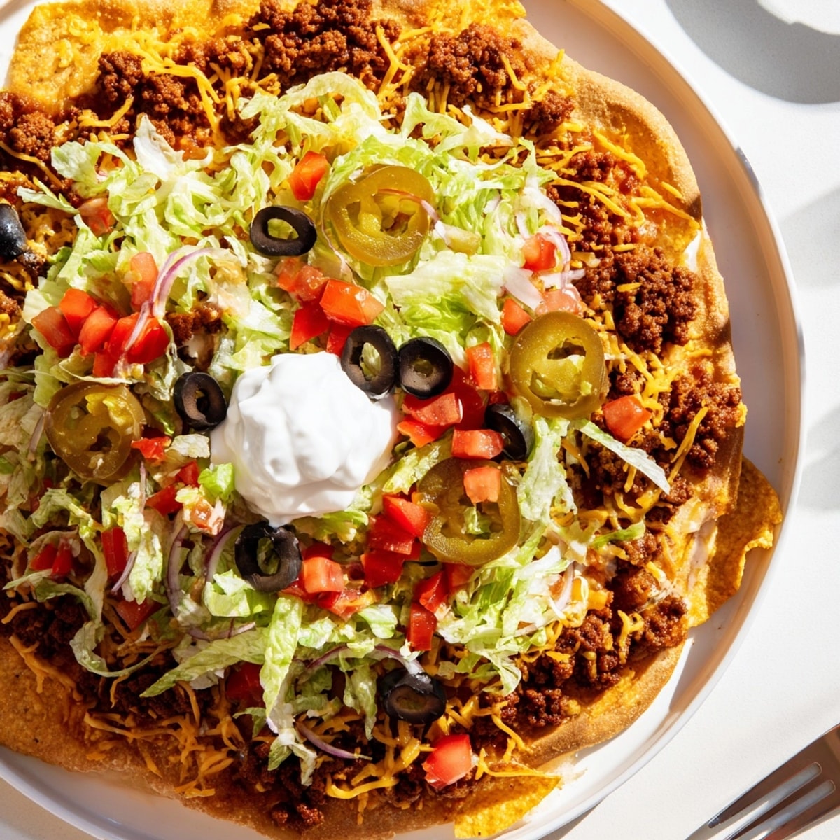 Golden, bubbly Taco Pizza with layers of seasoned beef, colorful veggies, and melted cheese.