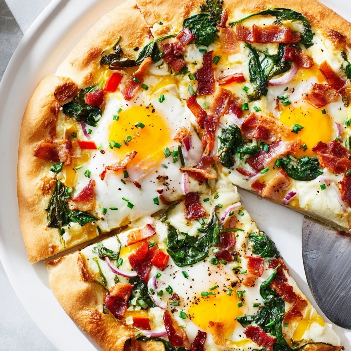 Close-up of warm Breakfast Pizza with runny egg yolks and crispy bacon bits.