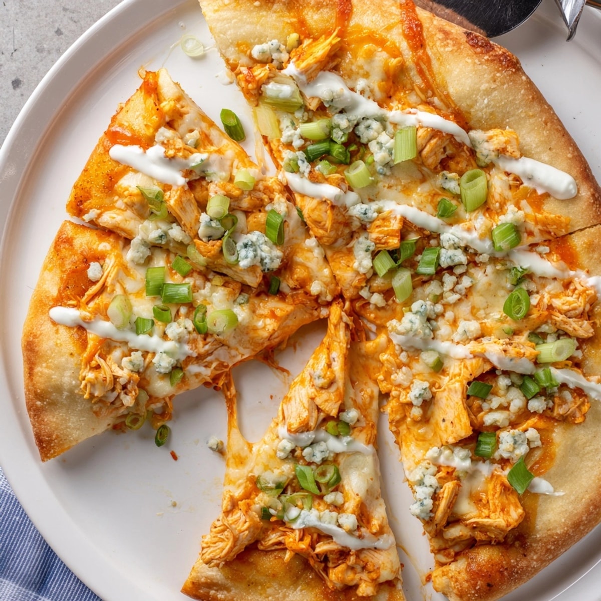 Close-up Buffalo Chicken Pizza slice showing melted cheese, flavorful chicken, green onion.