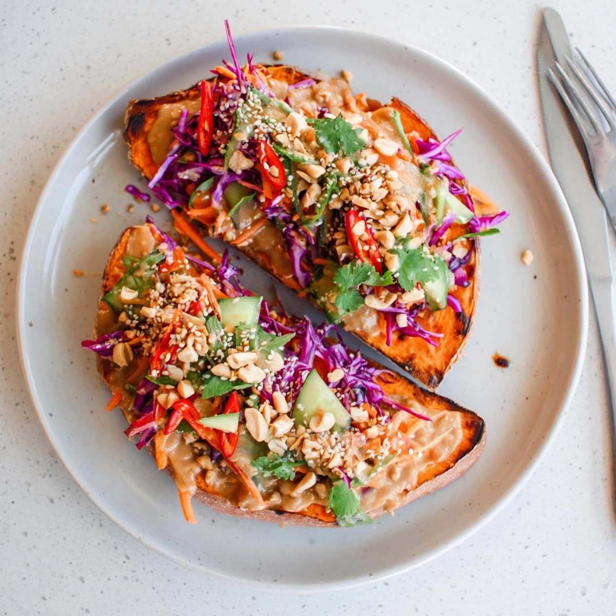 Close-up of vibrant Thai Peanut Sweet Potato Toast with fresh toppings and creamy peanut sauce.