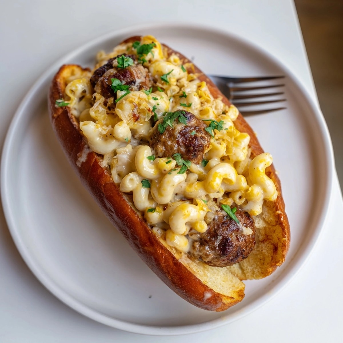 Golden baked Mac and Cheese BBQ Meatball Subs; a creamy, cheesy comfort food delight.