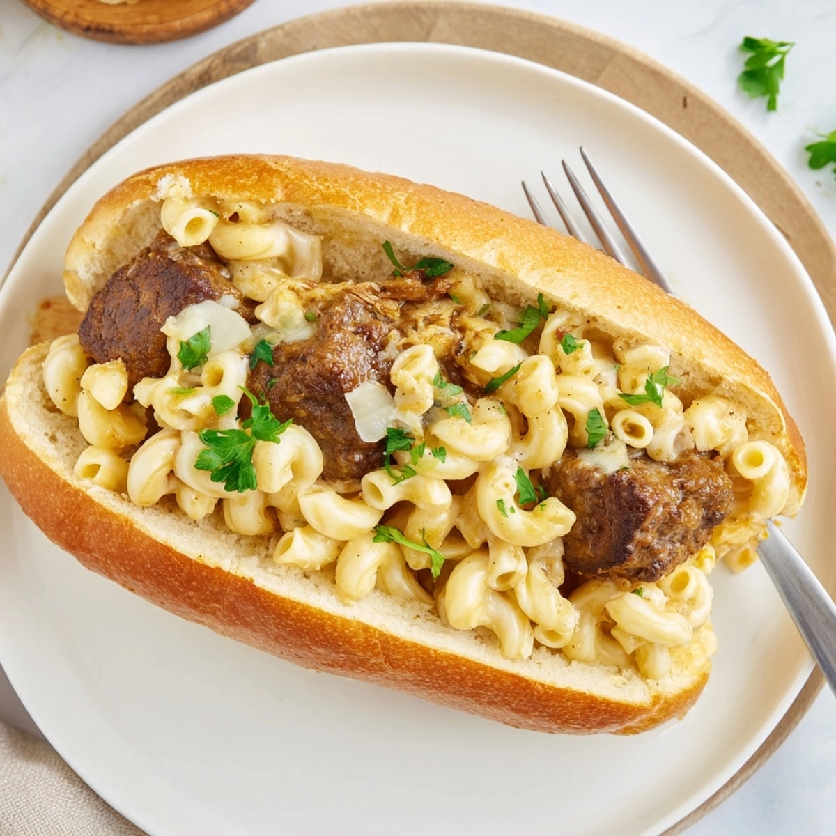 Toasted sub rolls overflowing with saucy meatballs and decadent Mac and Cheese BBQ.