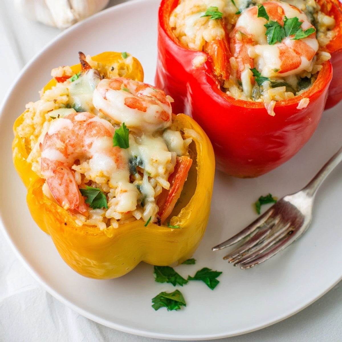 Oven-baked Shrimp Alfredo Stuffed Bell Peppers with bubbling cheese, ready to enjoy.