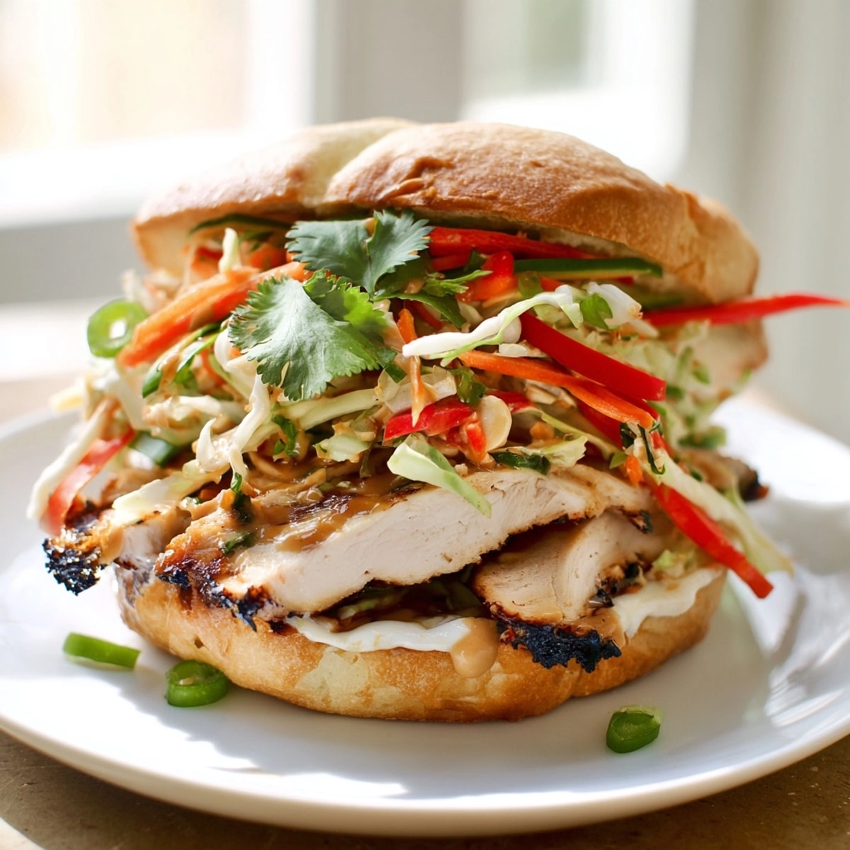 Close-up of a flavorful Thai Peanut Slaw Chicken Sandwich, ready to be enjoyed.