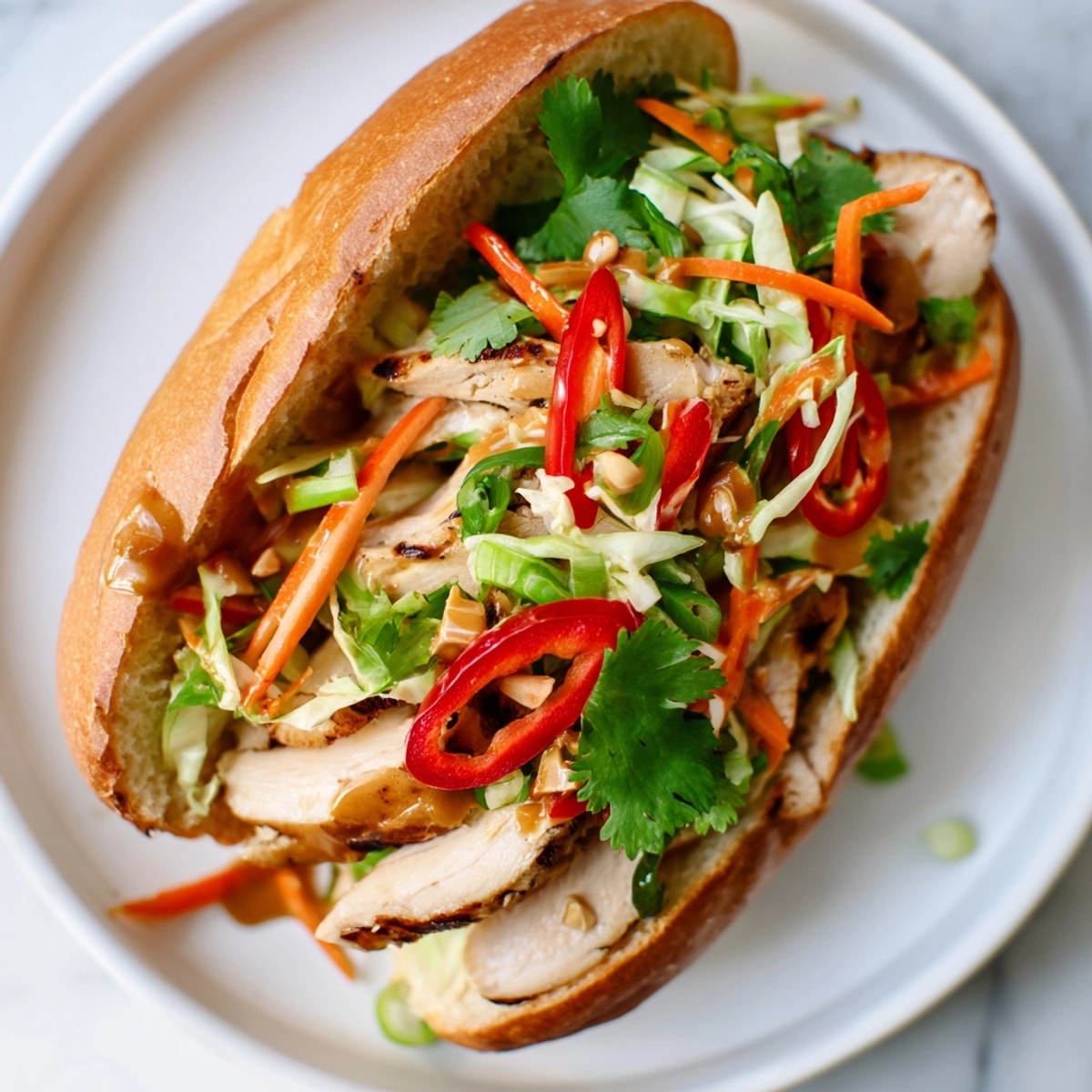 A mouthwatering Thai Peanut Slaw Chicken Sandwich oozing with creamy, peanut-y goodness.